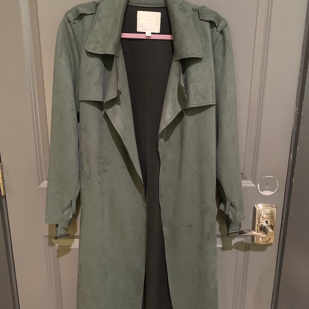 NWOT - ett:twa by anthropologie, green, faux suede trench coat (never worn)